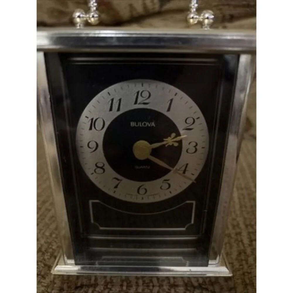 Bulova Quartz Carriage Clock Gold Tone Running AA Battery Black Face West German - Picture 2 of 7